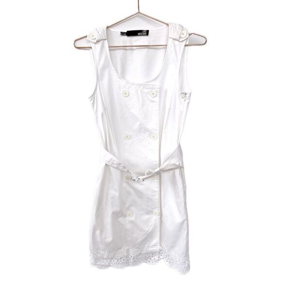 Love Moschino White Sleeveless Belted Eyelet Lace Trim Button Up Dress Size 4 - Picture 1 of 8